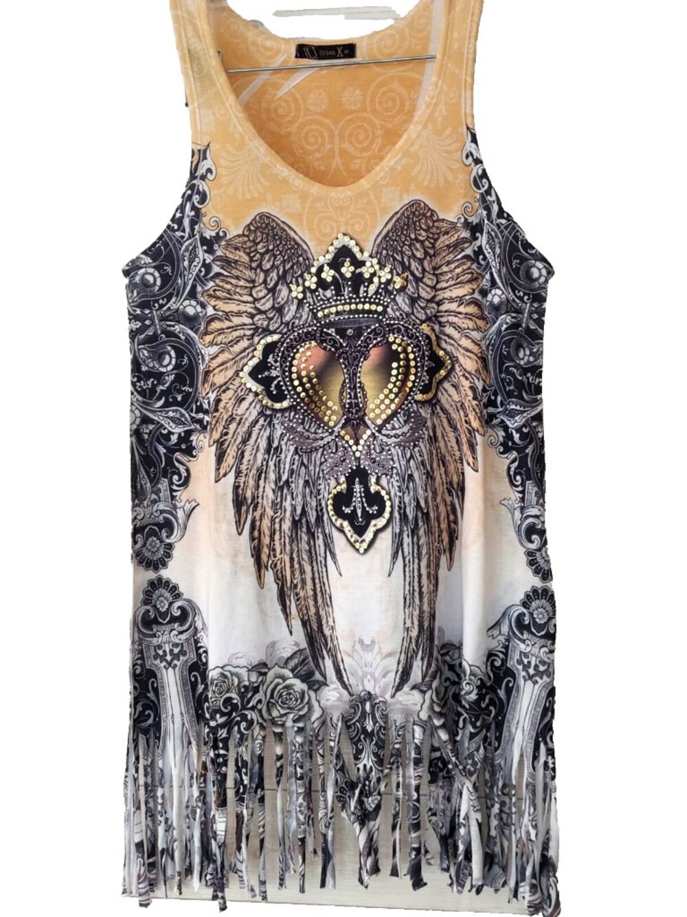 Urban X Tank Dress Medium Fringe Wings Bling Crown Rhinestones Sequins